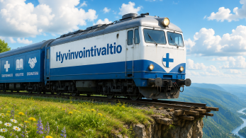 Kuva junasta joka on pysähtynyt rotkon edessä