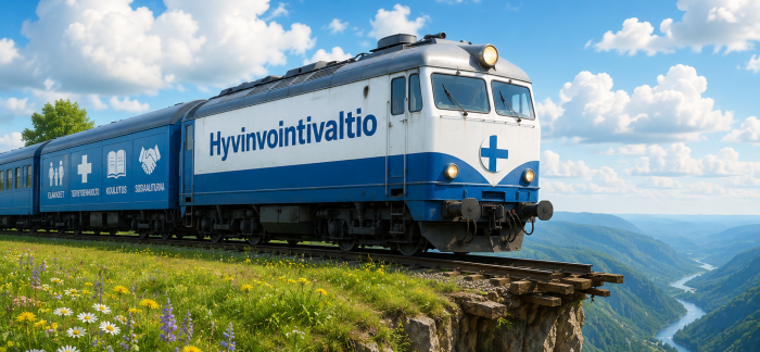 Kuva junasta joka on pysähtynyt rotkon edessä