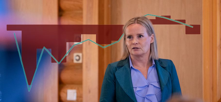 Kuva valtiovarainministeri Riikka Purrasta, jossa graafi julkisen talouden tasapainon vuosimuutoksesta.